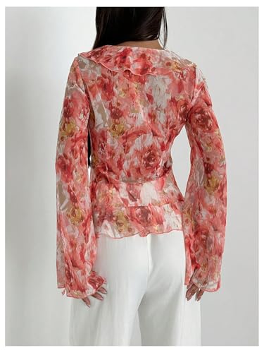 WDIRARA Women's Floral Print Ruffle Blouse V Neck Tie Front Long Bell Sleeve Chiffon See Through Tops3