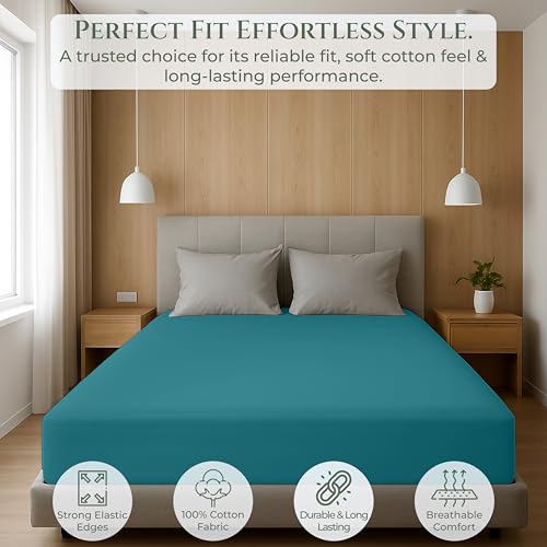 Image of Royale Linens 100% Organic Cotton Full Fitted Sheet Only - Percale Weave - Super Soft Deep Pocket Bottom Sheets - Teal Elastic Sheet - Full Size Fitted Sheets Only - (54 inchx75 inch+15 inch, Teal)