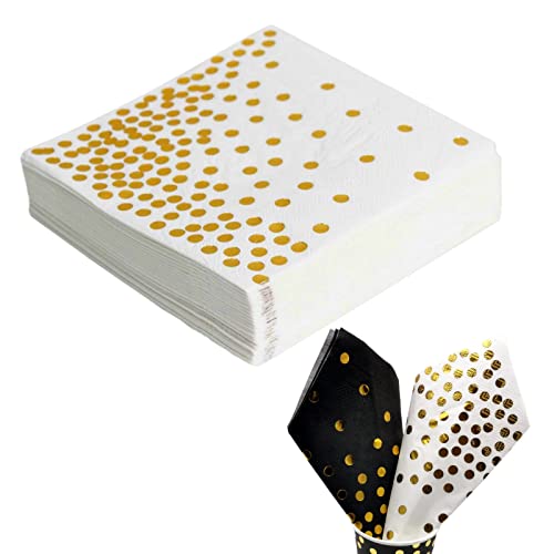 CEILIWEN 50PCS White & Gold Polka Dot Party Napkins 33x33CM White with Gold Cocktail & Dinner Serviettes