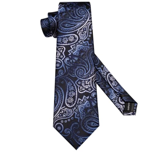 Image of Hi-Tie Men Silk Ties Set with Flower Lapel Pin Necktie Pocket Square Cufflinks for Tuxedo Wedding Business