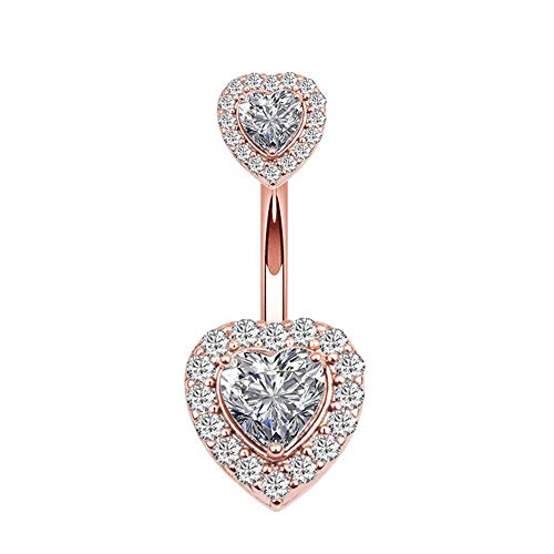 QIAOYING 14G Heart Zircon Navel Ring Stainless Steel Belly Button Rings for Women Girls Navel Barbell Body Jewelry Piercing (Rose)