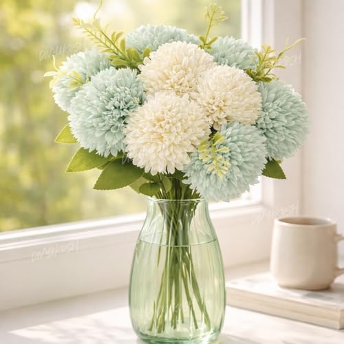 Image of Divyakosha Artificial Flower Bouquet 10 Heads (7 Mint Green & 3 Cream White) Vase Arrangement with Leaves, Faux Chrysanthemum Flowers for Home Decor