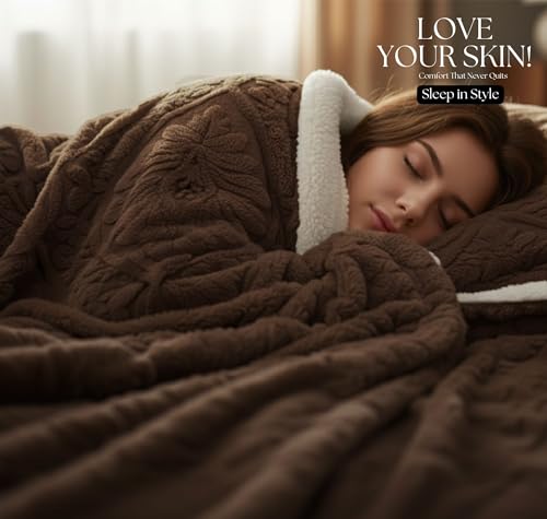 Image of VAS COLLECTIONS Faux Fur Jacquard Tufted Sherpa Blanket | 600 GSM Heavyweight Ultra-Soft & Super Warm Double Bed Blanket | 225 x 220 cm | 5D Embossed Floral Design | Heavy Winter Use - 3 kg, Coffee