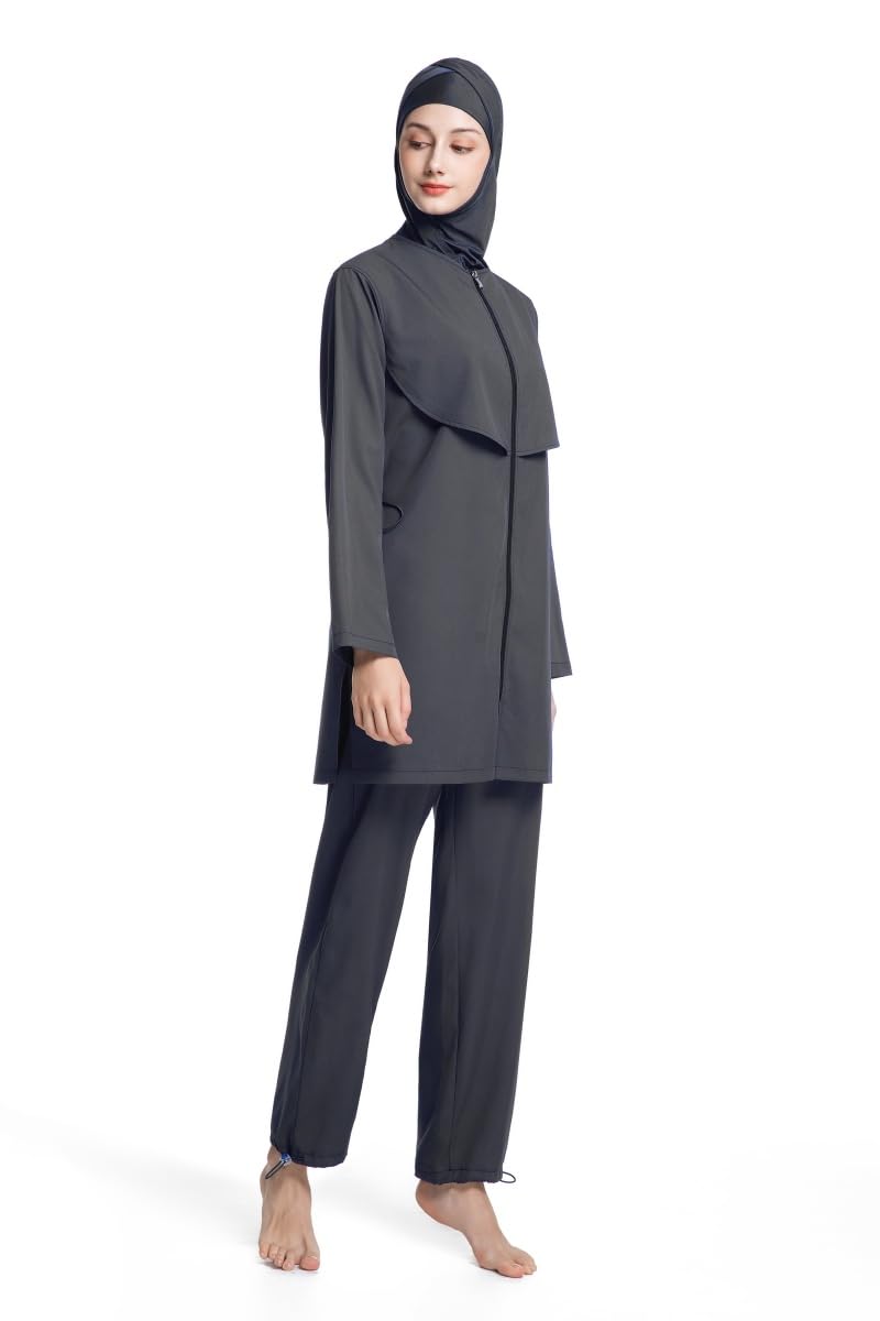 Burkini donna maniche lunghe con cappuccio, pantaloni lunghi, vestibilità ampia, asciugatura rapida, immersione