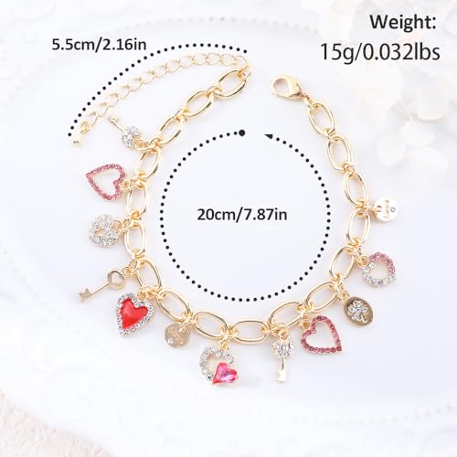 Cute Gold Heart Charm Link Bracelet for Women 14K Gold Plated Rhinetstone Love Heart Lock Key Lucky Clover Chain Bracelet with Dangle Crystal Pendant Adjustable Party Trendy Y2K Jewelry Gift for Women2