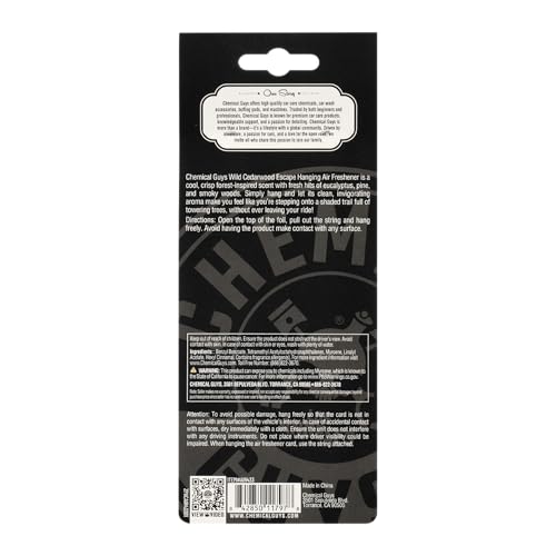 Image of Chemical Guys Hanging Car Air Freshener 12-Pack, Wild Cedarwood Escape Warm, Woody & Earthy Cedarwood Fragrance, Rearview Mirror Paper Fresheners for Cars, Trucks, SUVs & Boats