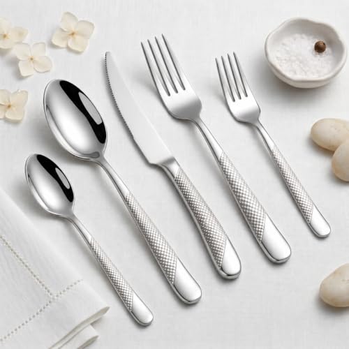 Image of Sterling Silver French Style Sterling Silverware Set | 5-Piece Hammered Flatware with 2-in-1 Serrated Knife | Stainless Steel Cutlery Set | Perfect for Home, Restaurant & Luxury Gifting