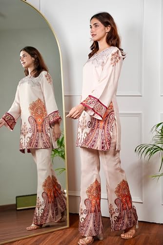 Image of GoSriKi Co Ord Set for Women Viscose Printed | Straight Kurta Palazzo Set for Woman | Round Neck Full Sleeve Ethnic Dress Stylish Coord Outfit Trendy Womens Clothing
