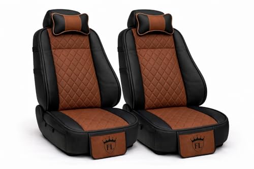 Image of Ultra Comfort Luxury PU Leather Pack of 2 Light Brown Seat Cover Cushion for All Cars,SUV,Office Chair,Home Chair with Neck Rest Pillow-Easy Fit,Pocket Flap(Universal Fit,2 Pack)
