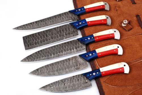 BLAYDZ Professional 5 Pcs Damascus Kitchen Knife Set with Texas Flag Handle, Custom Handmade Chef Knife set with Leather Pouch/Roll Bag