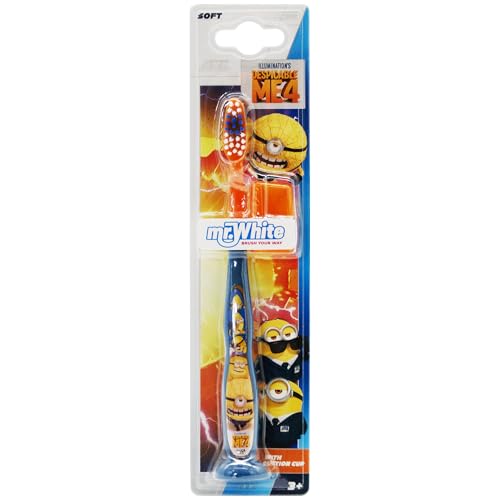 Minions Little Teeth - Cepillo de dientes para niños a partir de 3 años, cerdas redondeadas suaves al tacto, agarre cómodo, tapa protectora y ventosa para almacenamiento vertical