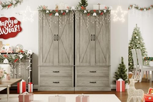 GarveeHome Kitchen Pantry Cabinet, Farmhouse Storage Cabinet with Barn Doors, Drawers and Adjustable Shelves, Versatile Storage for Kitchen, Dining Room, Rustic Grey