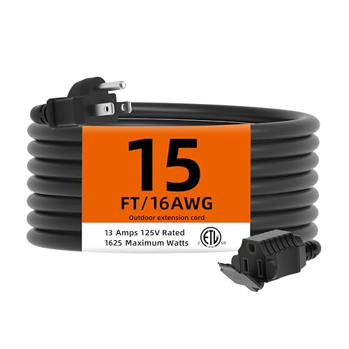 TiFFCOFiO Indoor Outdoor Extension Cord Waterproof 15 Feet 3 Prong Power Cord for Home and Garden 16 AWG 13A/1625W ETL Listed