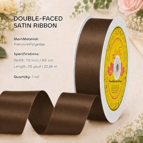 Image of Double Face Brown Satin Ribbon 1-1 /2 inch X 25 Yards Polyester Brown Ribbon for Gift Wrapping Very Suitable for Weddings Party Hair Bow Invitation Decorations and More