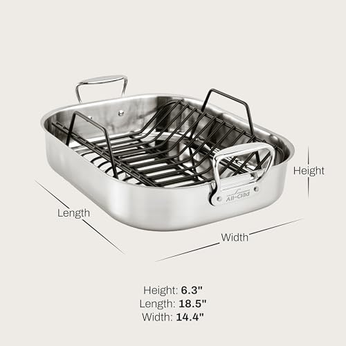 Image of All-Clad Specialty Stainless Steel Roaster and Nonstick Rack 16x13x5 Inch Oven Broiler Safe 600F Roaster Pan, Pots and Pans, Bakeware, Turkey, Silver (Pack of 2)