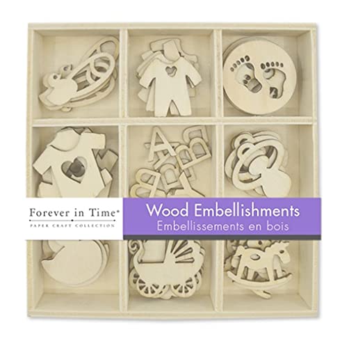 Mini Laser Cuts Wood Shape - Baby - Pram, Rocking Horse, Pacifier, and More - 45 Pieces - 1'' Across