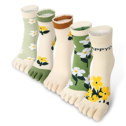 Benefeet Sox Toe Socks Women Size 6-9 Five Finger Socks for Girls Colorful Floral Patterned Crew Socks Athletic Running Toe Seperated Cotton Crew Socks Holiday Toe Socks 5 Pack, Sunflowers