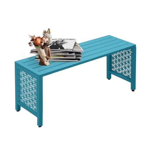 Image of VINGLI 40in Outdoor Metal Bench, All-Weathe Backless Patio Bench with Slatted Seat&Floral Side Panels, Rust-Resistant Garden Bench, Weatherproof Outdoor Seating for Porch Entryway Backyard (Blue)