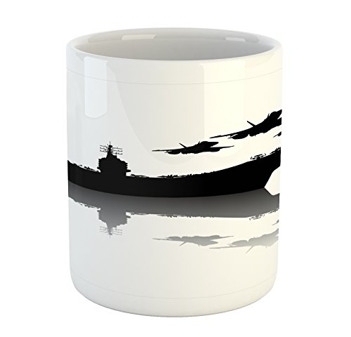 Lunarable US Navy Mug Aircraft Carrier and Airplane Silhouettes Illustraiton Monochrome Design Ceramic Coffee Mug Cup for Water Tea Drinks 11 oz White Black