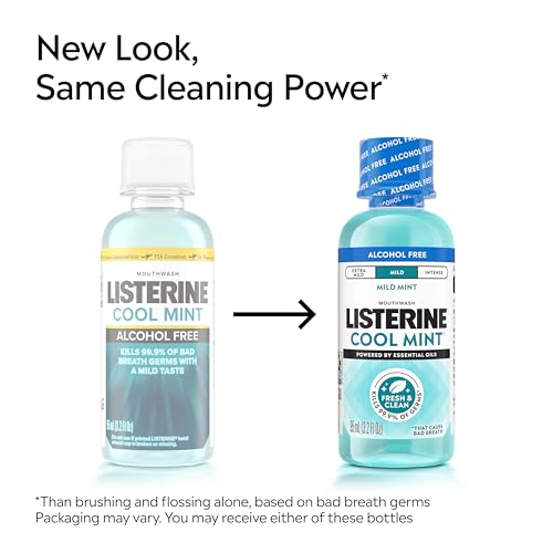 Image of Listerine Cool Mint Alcohol-Free Mild Mouthwash, Oral Rinse Kills 99.9% of Germs that Cause Bad Breath, Less Intense Taste, Mild Mint Flavor, 3.2 fl. oz