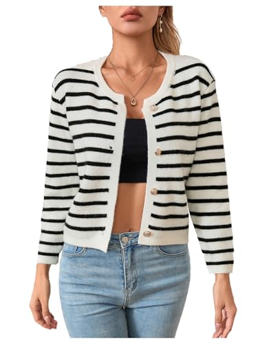MakeMeChic Women's Cardigan Sweaters Striped Long Sleeve Button Down Fall Cardigan Sweaters Lightweight Trendy