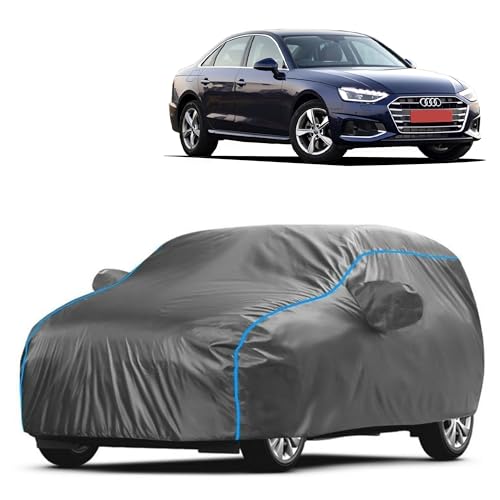 Image of Kerwa Car Body Cover Waterproof with A4, Dust & UV Resistant All-Weather Proof Full Body Cover, Grey with Blue Lining, Triple Stitched Elastic Bottom with Mirror Pocket