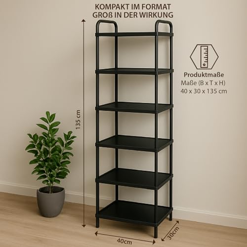 ABBAware Standregal mit 6 Ebenen - 40 x 30 x 135 cm Kunststoff schwarz - schmales Regal für Küche, Bad, Keller & Abstellraum - Badezimmerregal & Kellerregal ohne Bohren - schmales Regal