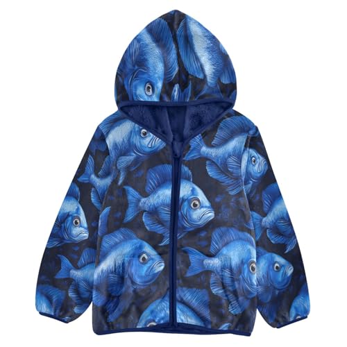 Blue Fish Pattern Toddler Fleece Jacket Girl Boys Hooded Fleece Jacket Coat Warm Outwear Zip-up 3-10T