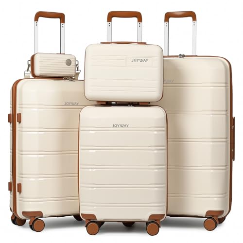 Joyway Kofferset 5tlg Hartschale mit 4 Rollen und TSA-Schloss Der Gepäcksets Enthält 1 Kosmetikkoffer und 1 Tragbare Tasche Weiß/Braun Joyway Kofferset 5tlg Hartschale mit 4 Rollen und TSA-Schloss Der Gepäcksets Enthält 1 Kosmetikkoffer und 1 Tragbare Tasche Weiß/Braun