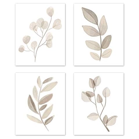 Sweet Jojo Designs Floral Leaf Wall Art Prints Room Decor for Baby Nursery and Kids - Set of 4 - Ivory Cream Beige Taupe White Gender Neutral Boho Watercolor Botanical Woodland Tropical Single Flower Cover
