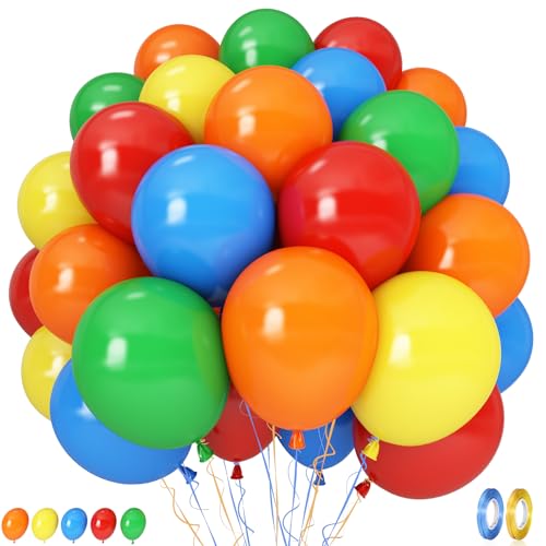 Image of Red Yellow Blue Green Balloons, 60PCS Red Orange Blue Balloons, Rainbow Cartoon Theme Primary Color Latex Balloon for Kids Birthday Baby Shower Festival Carnival Circus Party Decorations Supplies