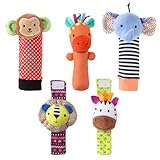 The Peanutshell Sock Rattles Set of 5 - Girl Boy Rattle Socks, Baby Toys 0-6-12 Month, Animal Newborn High Contrast Baby, Infant, Newborn Toys 0-3 0-6 Months Old Babies - Safari