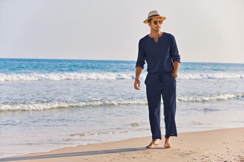 Coofandy Men's 2 Pieces Cotton Linen Set Henley Shirt Long Sleeve And Casual Beach Pants Summer Yoga Outfits #TOP7
