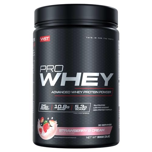 VAST PRO Whey – Premium Protein Pulver mit 24g Eiweiß zum Muskelaufbau, instantisiert für die perfekte Löslichkeit, mit Whey Isolat reich an BCAAs & EAAs, 900g (Strawberries and Cream)