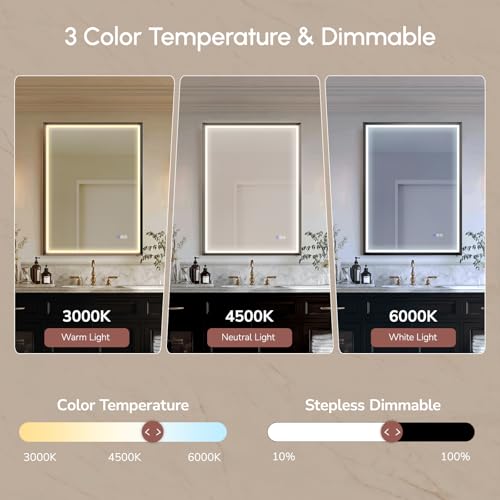 Image of USHOWER 2 Pack 24x36 Inch Black Mirror with Light Frame | Led Bathroom Mirror for Wall, Smart Anti-Fog Vanity Mirror with 3 Colors, Stepless Dimmable, Memory Fuctions,ETL Listed