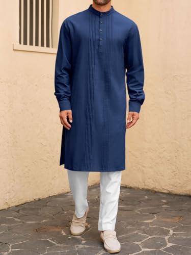 Image of Runcati Mens Kaftan Robe Button Down Long Sleeve Cotton Linen Thobe Casual Muslim Gown Henley Shirt
