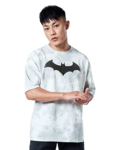 Image of The Souled Store Men Official Batman: Bat Signal Tie Dye Grey Printed Oversized T-Shirts