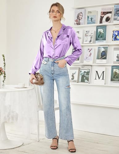 Image of Ekouaer Women's Classic Button Down Long Satin Silk Pajama Set
