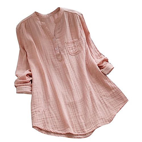 Gauze Linen Shirt Women UK Plus Size, Ladies Cotton Linen T-Shirts Elegant Long Sleeve Button Henley V Neck Casual Lagenlook Longline Summer Blouses Boho Plain Tee Shirt Long Tunic Tops Pink