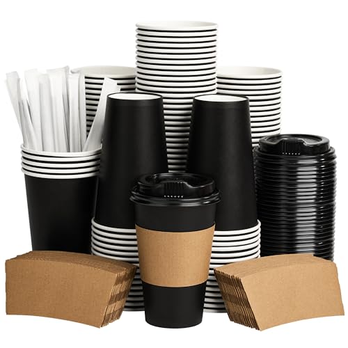 VPACKDUO Coffee Cups with Lids 16 oz 100 Pack, Sleeves and Stirring Sticks, Black Disposable Hot Paper Cups with Lids, To Go Cups, for Parties, Picnic, Travel, and Events