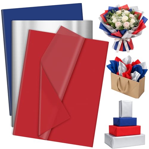 60 Sheets Patriotic Red Blue Silver Tissue Paper 4th of July Decorative Art Paper for DIY Crafts Independence Day Memorial Day Party Decorations 14 x 20 Inch