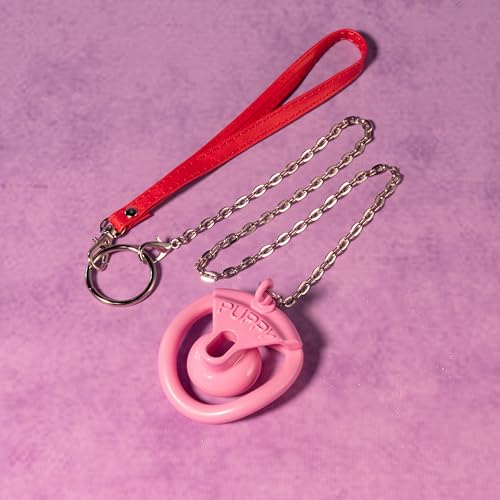 Luoyoupin子犬チェーン付き貞操具セット, ブラック&ピンク, メタルチェーンとレザーストラップ付き (ピンク色)