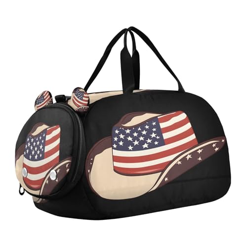 Gym Travel Duffle Bag for Boys Girls Usa Flag Cowboy Hat Sports Dance Bag with Shoe Compartment & Wet Pocket Football Kids Travel Bag Teens Sleepover Carry