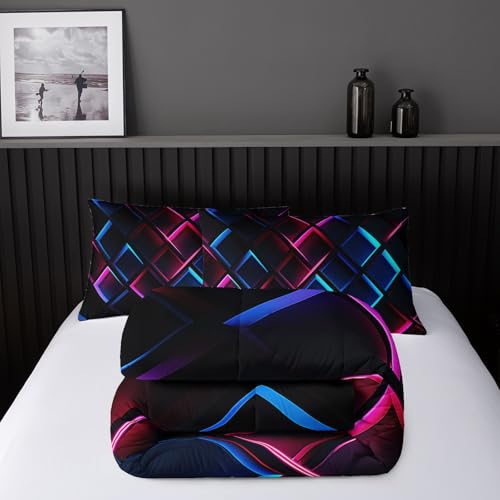 Image of Nttopship Blue Black Geometric Comforter Set Full Size 3D Stereoscopic Square Bedding Set Honeycomb Bedding Set 3 Piece Modern Style Geometry Decor,Microfiber LightweightWith 2 Pillowcases
