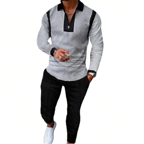 Kubsid Size M Black and Gray Block 2025 Men's Polo Sweatsuit Set Long Sleeve 2 Piece Outfit Fashion Jogging Track Suit Comfy Casual Set for Men