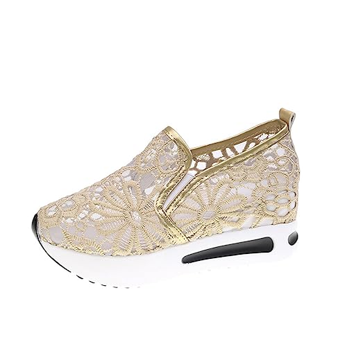 Minetom Sneaker Damen Pailletten Keilabsatz Schuhe Atmungsaktive Ausgeschnittene Spitze Stoffschuhe Frauen Laufschuhe Sommer Outdoor Slip On Walkingschuhe Glitzer Loafers D Gold 37 EU
