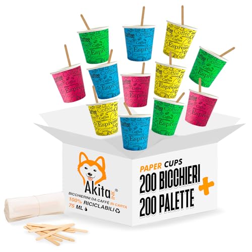 AKITAInk - Kit Completo 200 Bicchierini da Caffè Espresso Carta da 75 ml + 200 Palette Monouso Ecologiche Biodegradabili - Sostenibilità in Ogni Sorso