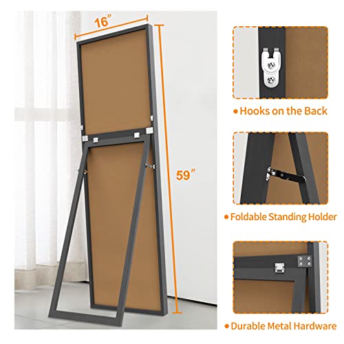 Image of NeuType 59 inchx16 inch Full Length Floor Mirror with Standing Holder - Wall-Mounted Body Mirror for Bedroom, Dressing - Standing, Hanging or Leaning - Black MDF Frame