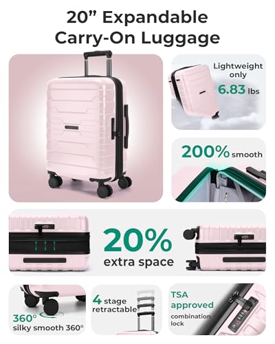 Image of BAGSMART Carry On Luggage 22x14x9 Airline Approved with Spinner Wheels,Lightweight 20 Inch Luggage with TSA Lock,Expandable Hard Shell Carry On Suitcases for Men Women,Pink