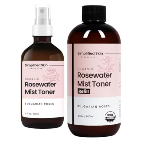 Rose Water for Face & Hair, USDA Certified Organic Facial Toner. Alcohol-Free Makeup Setting Hydrating Spray Mist. 100% 4 Oz with Refill 8 Oz Cover